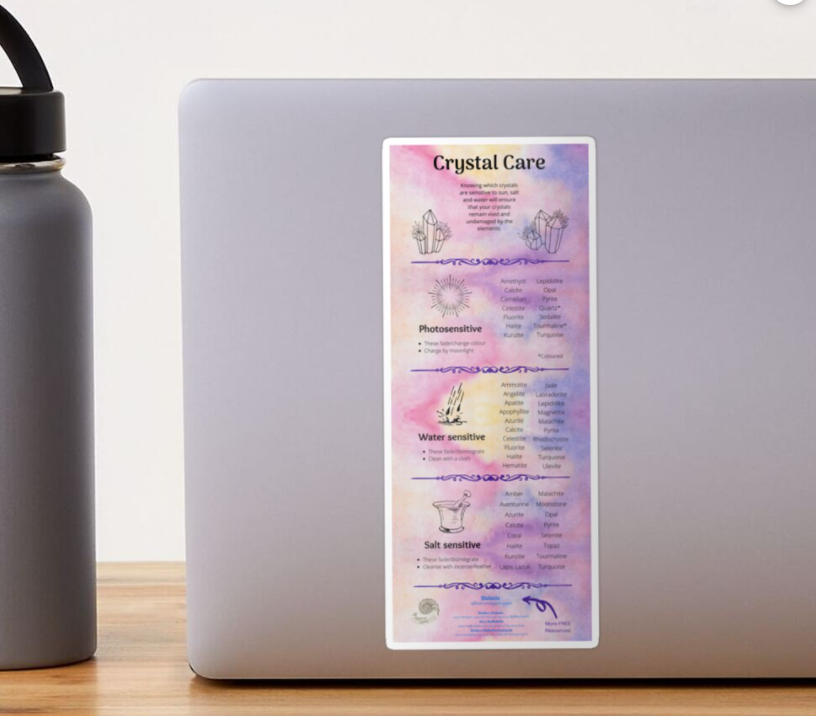 Crystal Care Infographic | Energy Healing Reference Chart Sticker, crystal, healing, energy, metaphysical, divination, magic, care, photosensitive, salt, water, soap, sun, all natural spirit, spiritual, symbol, education, reference, chart